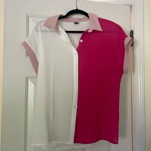🩷 3/$18 NWOT SHEIN COLORBLOCK PINK WHITE SHORT SLEEVE BUTTON DOWN COLLARED